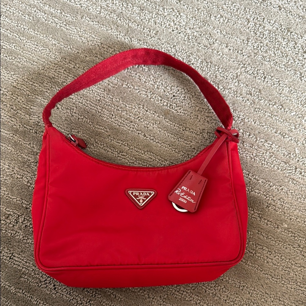 Prada Red Nylon Shoulder Bag with Crescent Shape